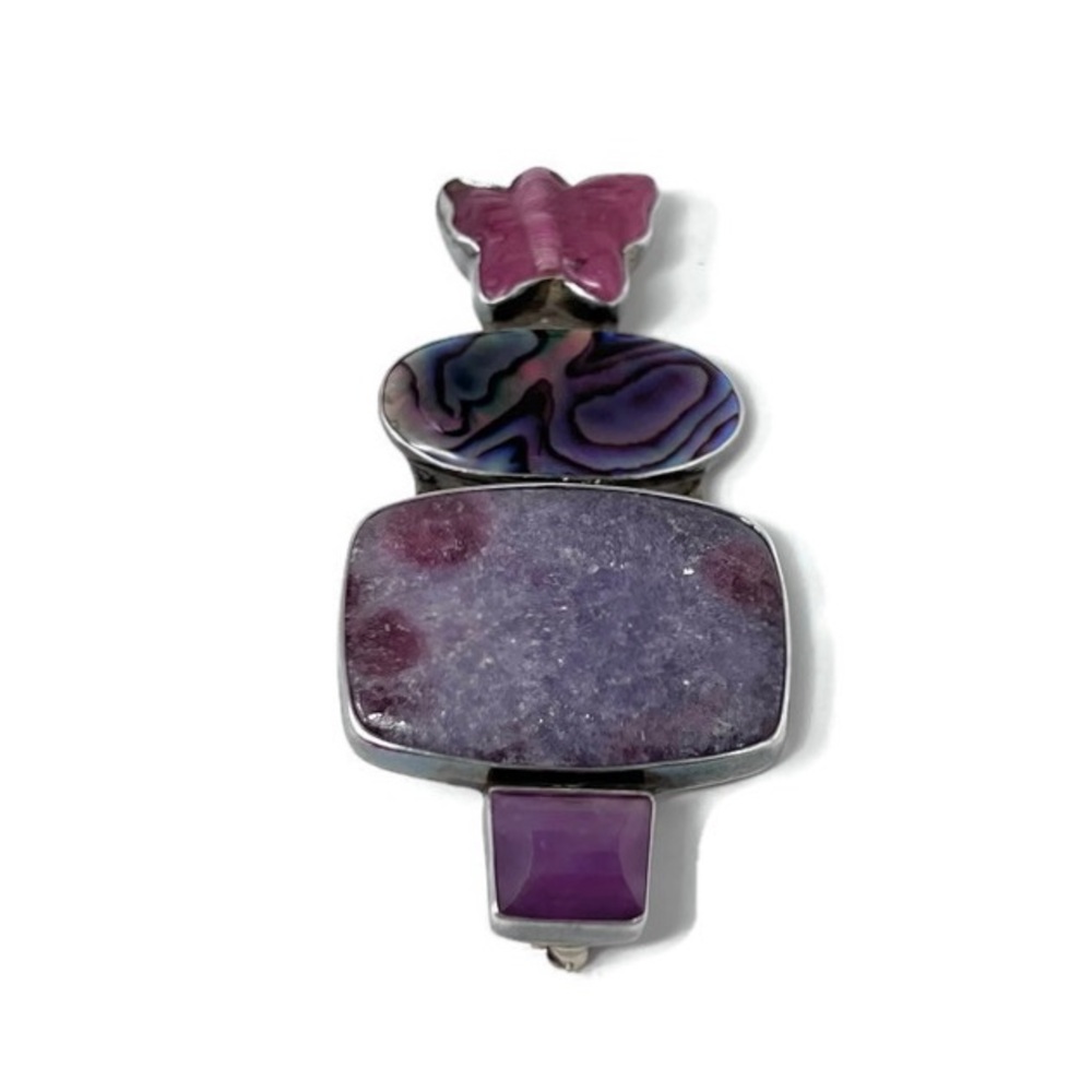 Amy Kahn Russell AKR Sterling Butterfly Brooch Pendant: Lepidolite/Ruby/Abalone